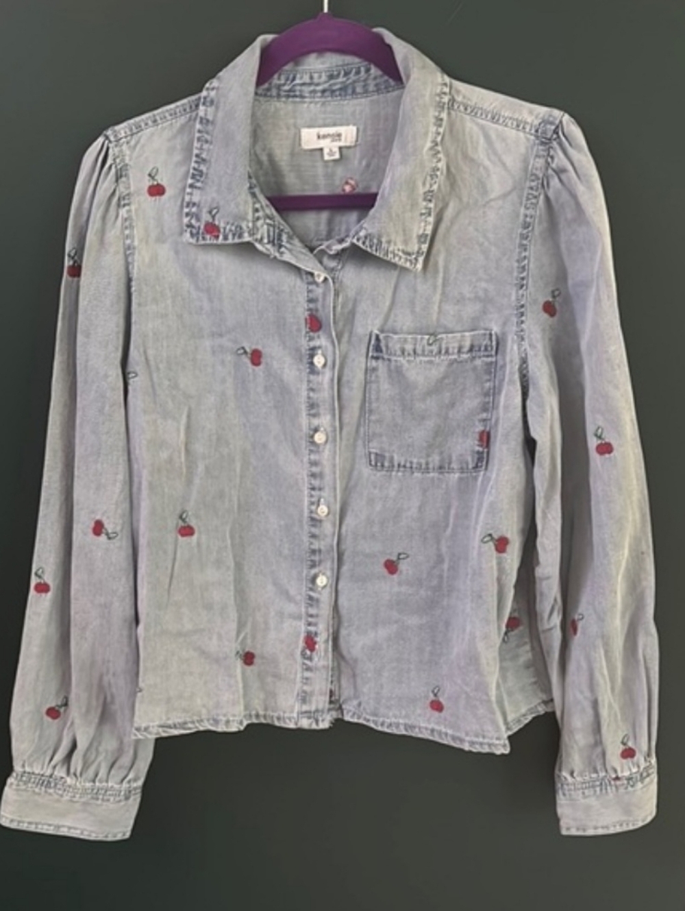 Kensie Jeans Cherry Embroidered Chambray Denim Shirt Large - Picture 4 of 7